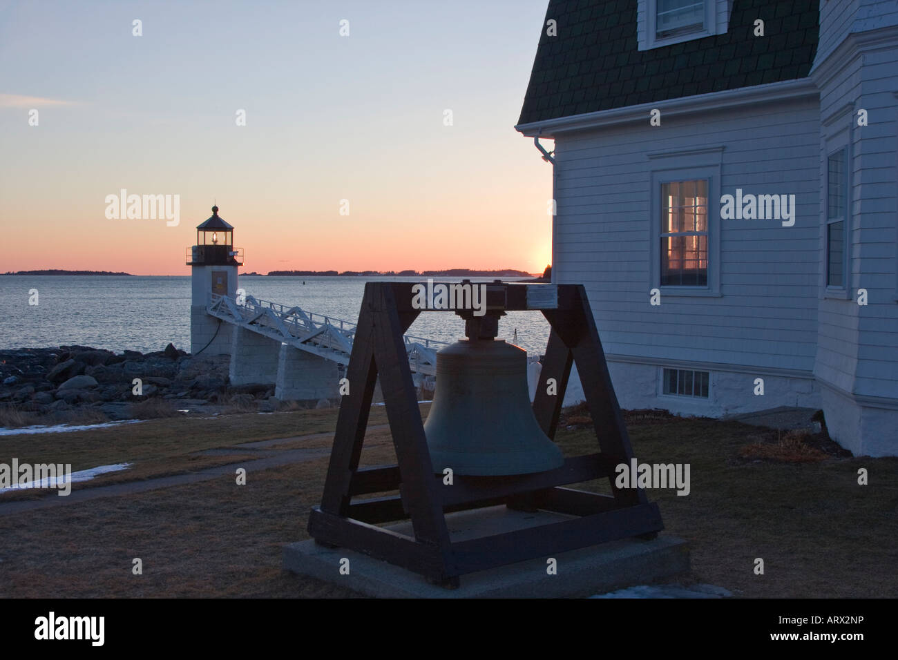 Warnsignal bei Marshall Point Lighthouse, Port Clyde in der Nähe von Rockland Maine Stockfoto