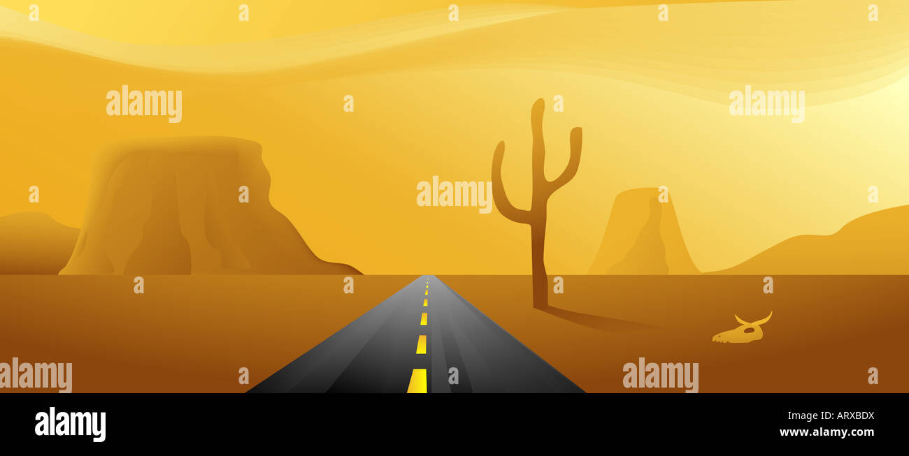 Vektor-basierte Darstellung einer Straße durch die Wüste Stockfoto