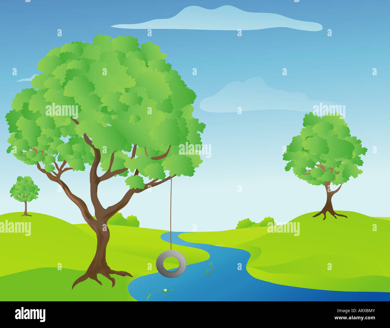 Illustration der Baum Schaukel an einem Bach an einem warmen sonnigen Frühlingstag Stockfoto