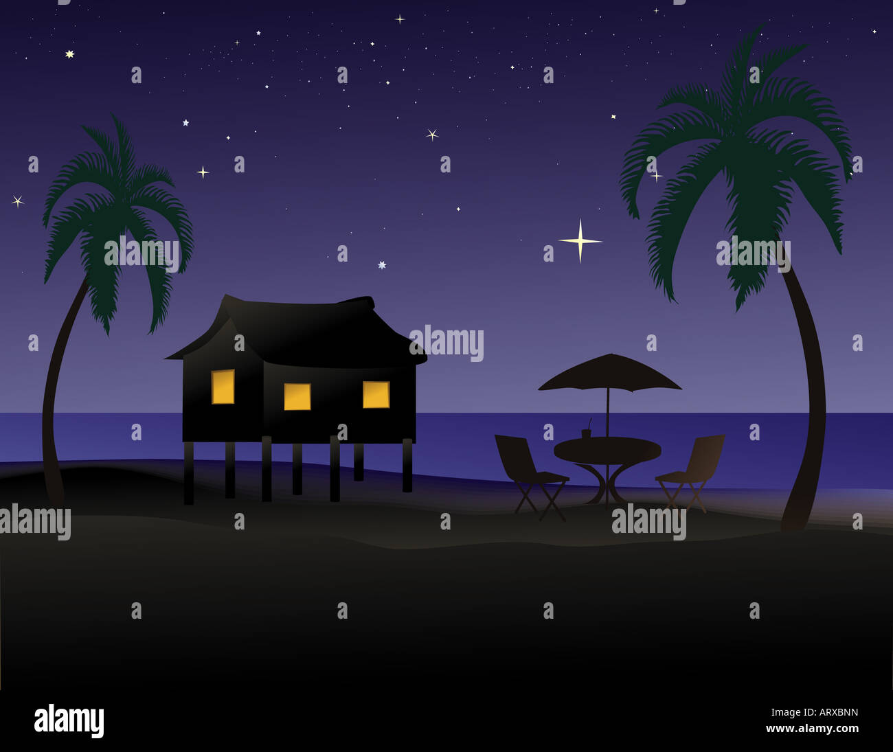 Vektor-Illustration von einem tropischen Strand in der Nacht mit einer Hütte Stockfoto