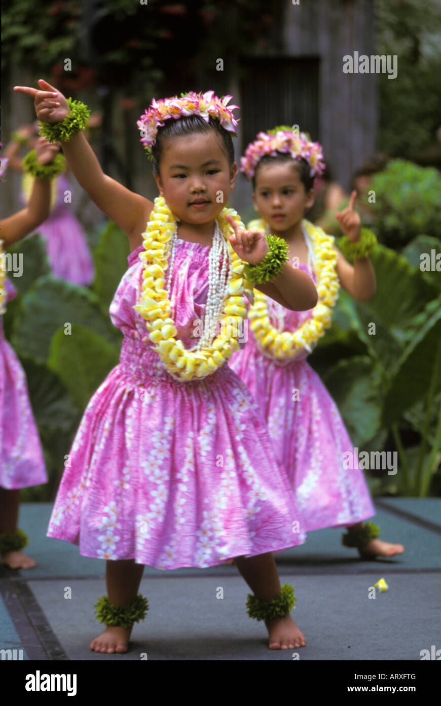 Junge Hula-Tänzer tragen gelbe Plumeria Leis, Lei Day Feier im Hilton Hawaiian Village Hotel Stockfoto