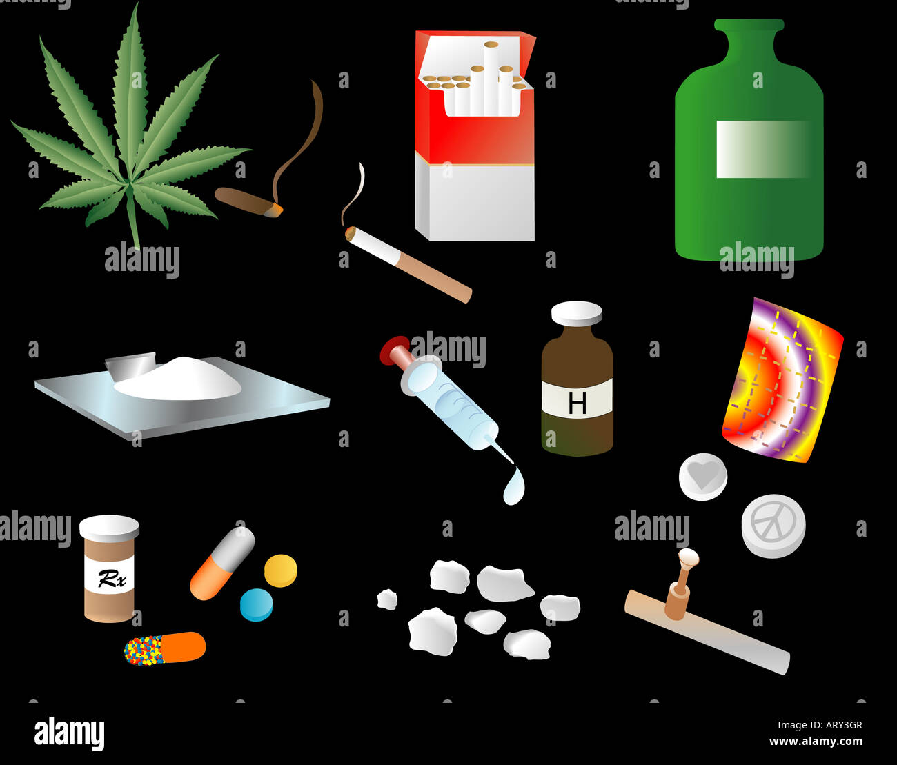 Abbildung zeigt verschiedene Laster von Drogen und Alkohol etc. Stockfoto