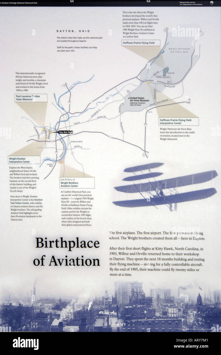 Der Geburtsort der Luftfahrt Hinweisschild in Dayton Ohio Stockfoto