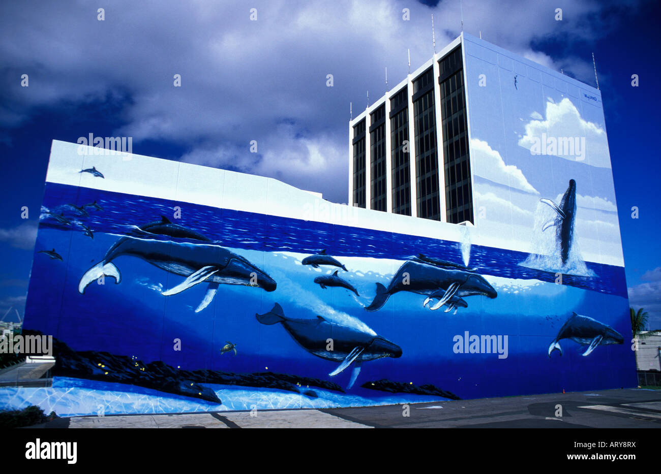 Eine weitere spektakuläre Walfang-Wand des international renommierten Künstlers Wyland. Dieses riesige Wandbild der Buckelwale ist auf Stockfoto