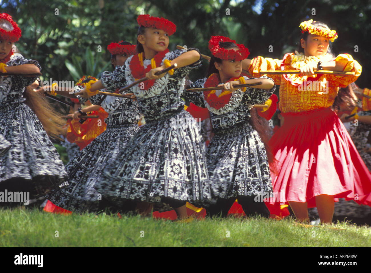 Junge Mädchen tanzen auf Prinz Lot Hula Festival mit Kalaau Stöcken Stockfoto