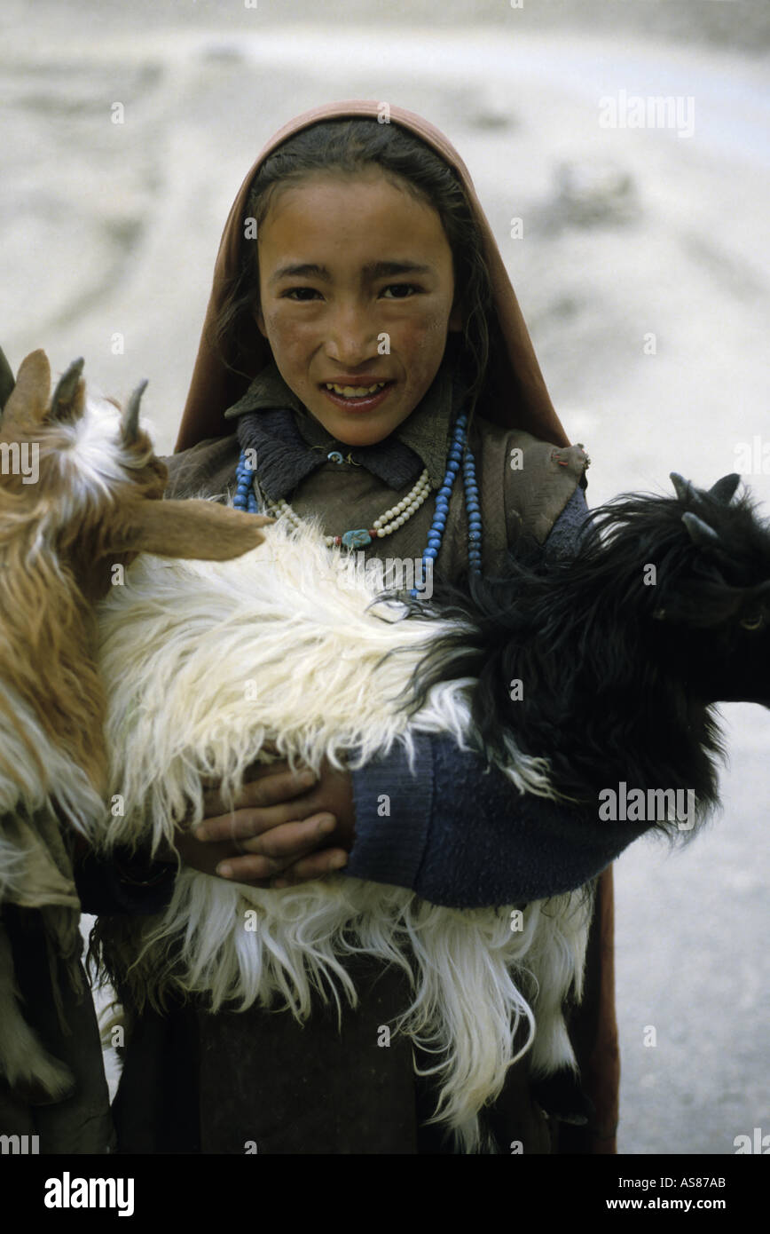 Porträt eines jungen Herder Mädchens auf dem Weg nach Leh halten zwei Ziegen in die Arme, Ladakh, Indien. Stockfoto
