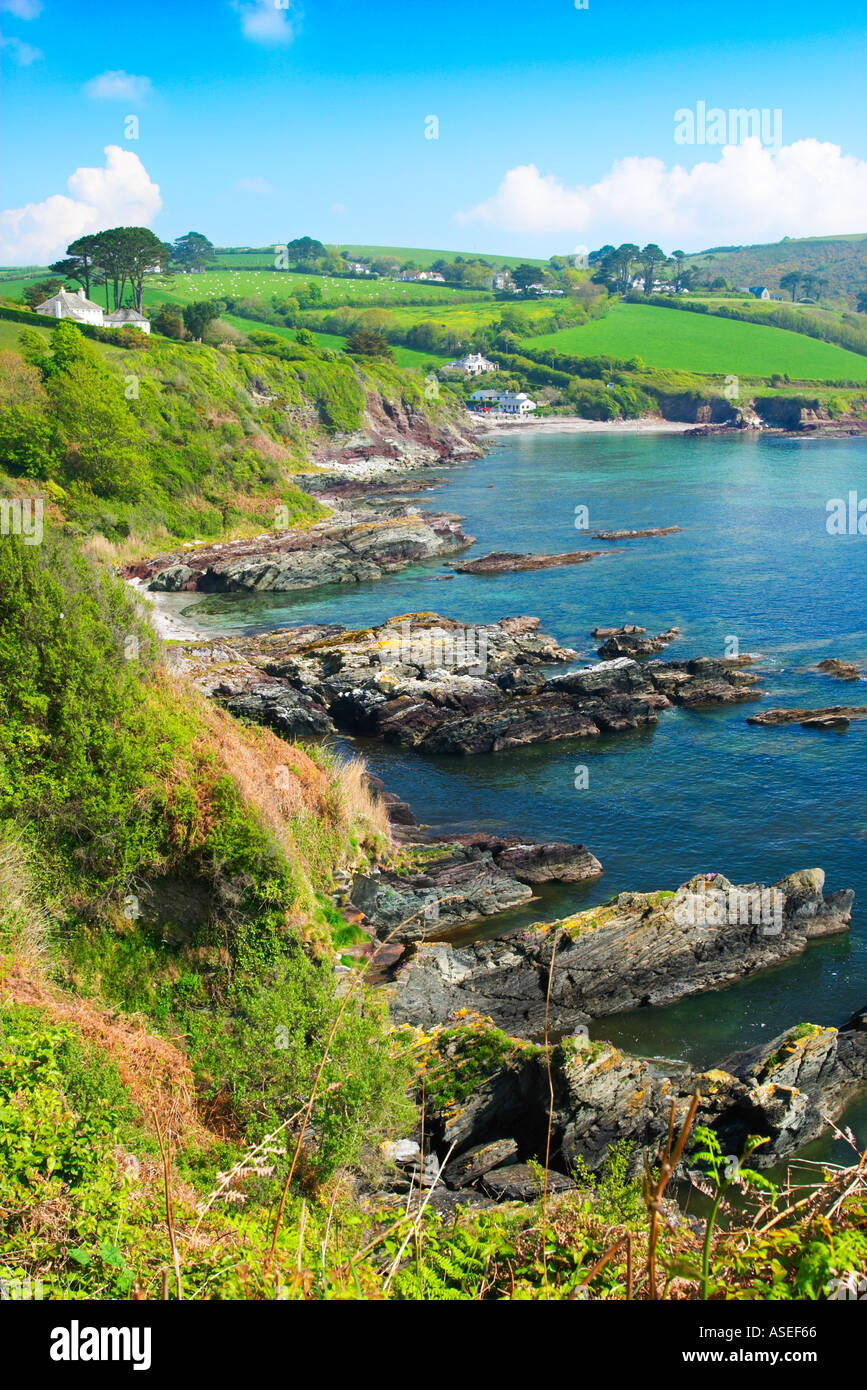 Talland Bay zwischen Polperro Sicht Looe Cornwall England von South West Coastal Path Polperro Seite Stockfoto