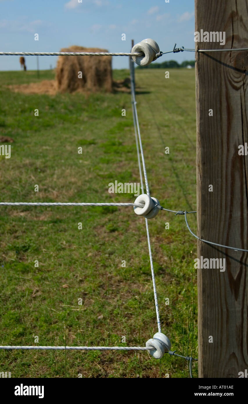 Elektrischer Zaun um einen Heuballen in einem ländlichen amerikanischen Feld, USA. Stockfoto