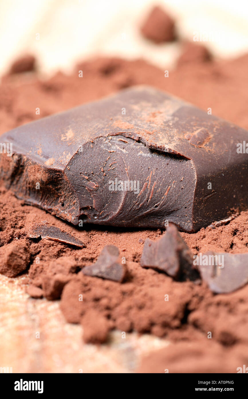 Ein Stück dunkle Schokolade in Kakaopulver. Stockfoto