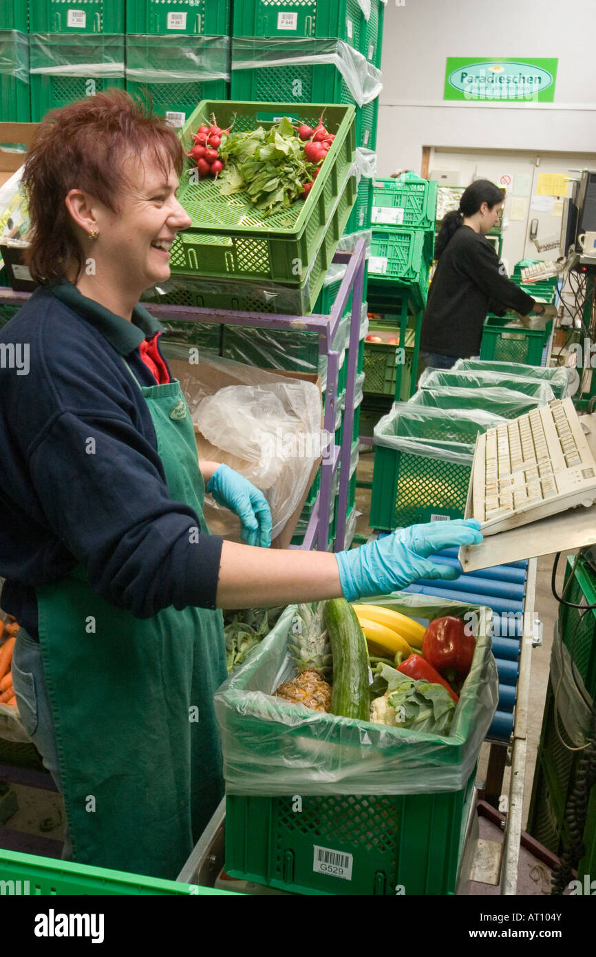 Arbeitnehmer, die Kartons mit Bio-Gemüse und Obst für die tägliche Zufuhr Stockfoto