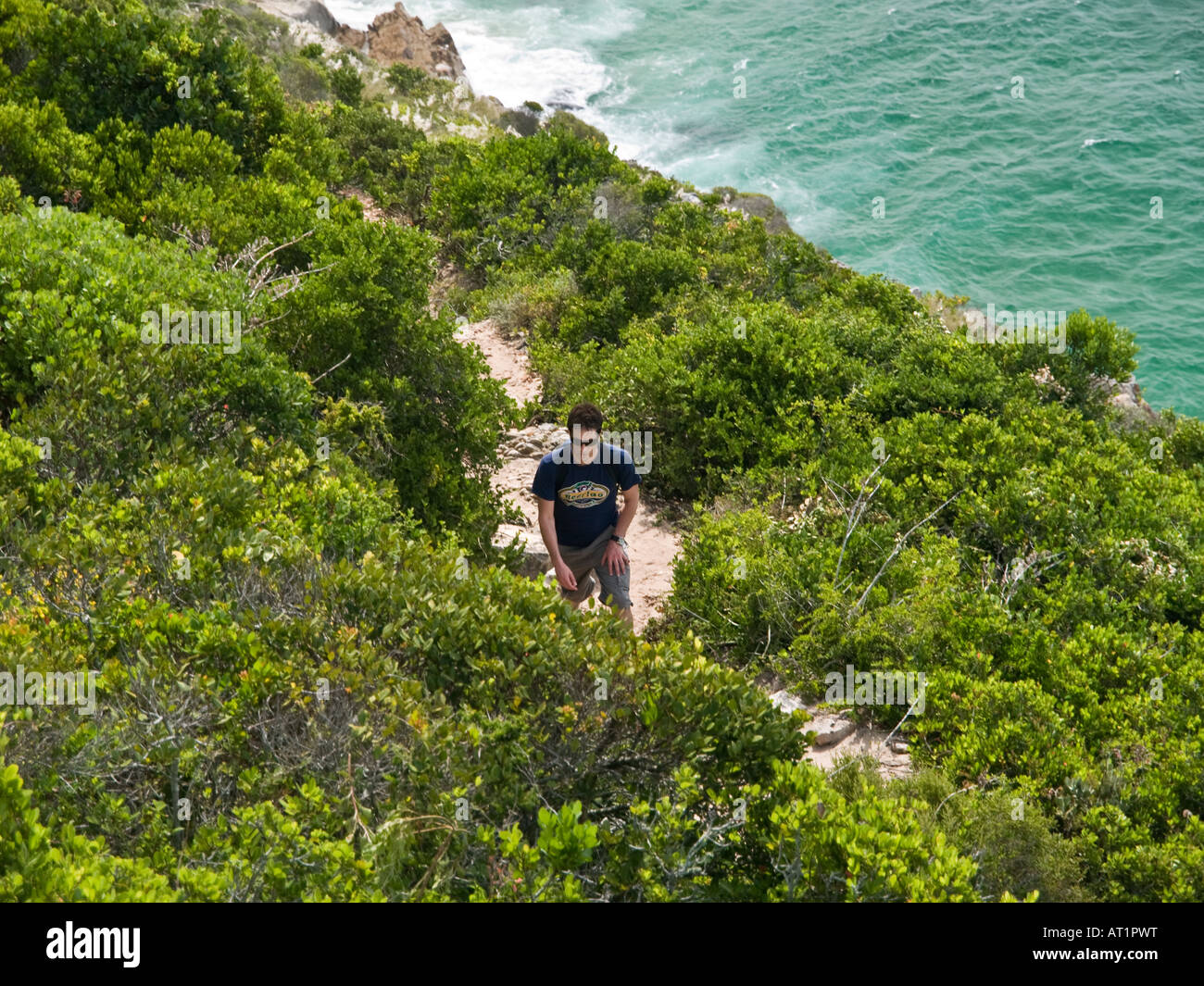 Tourist Walker und Ansicht von The Robberg Nature Reserve Western Cape Provinz South Africa Stockfoto