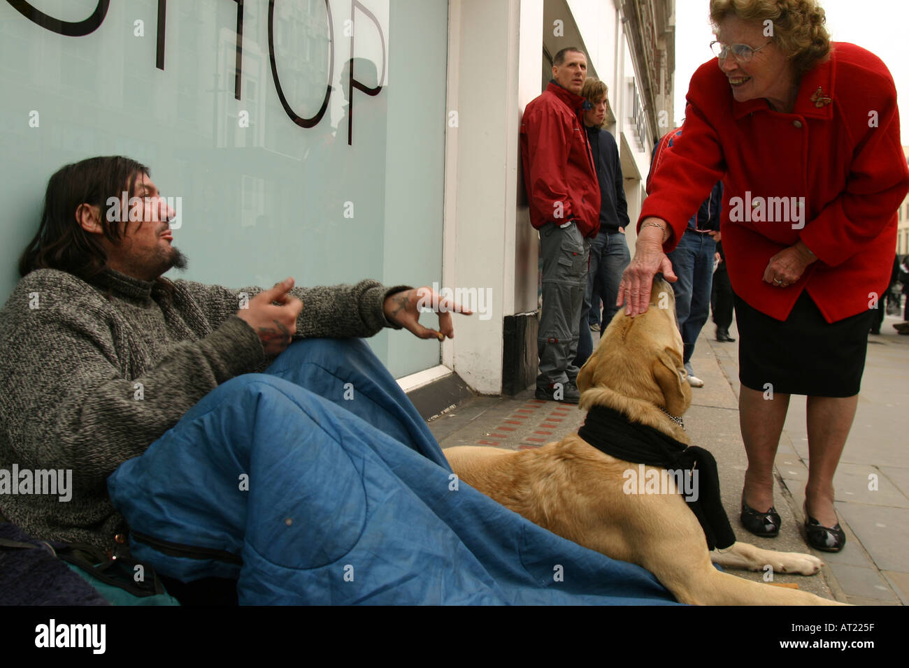 Obdachloser mit Hund bekommt Hempaty von einer Frau London England Großbritannien UK Stockfoto
