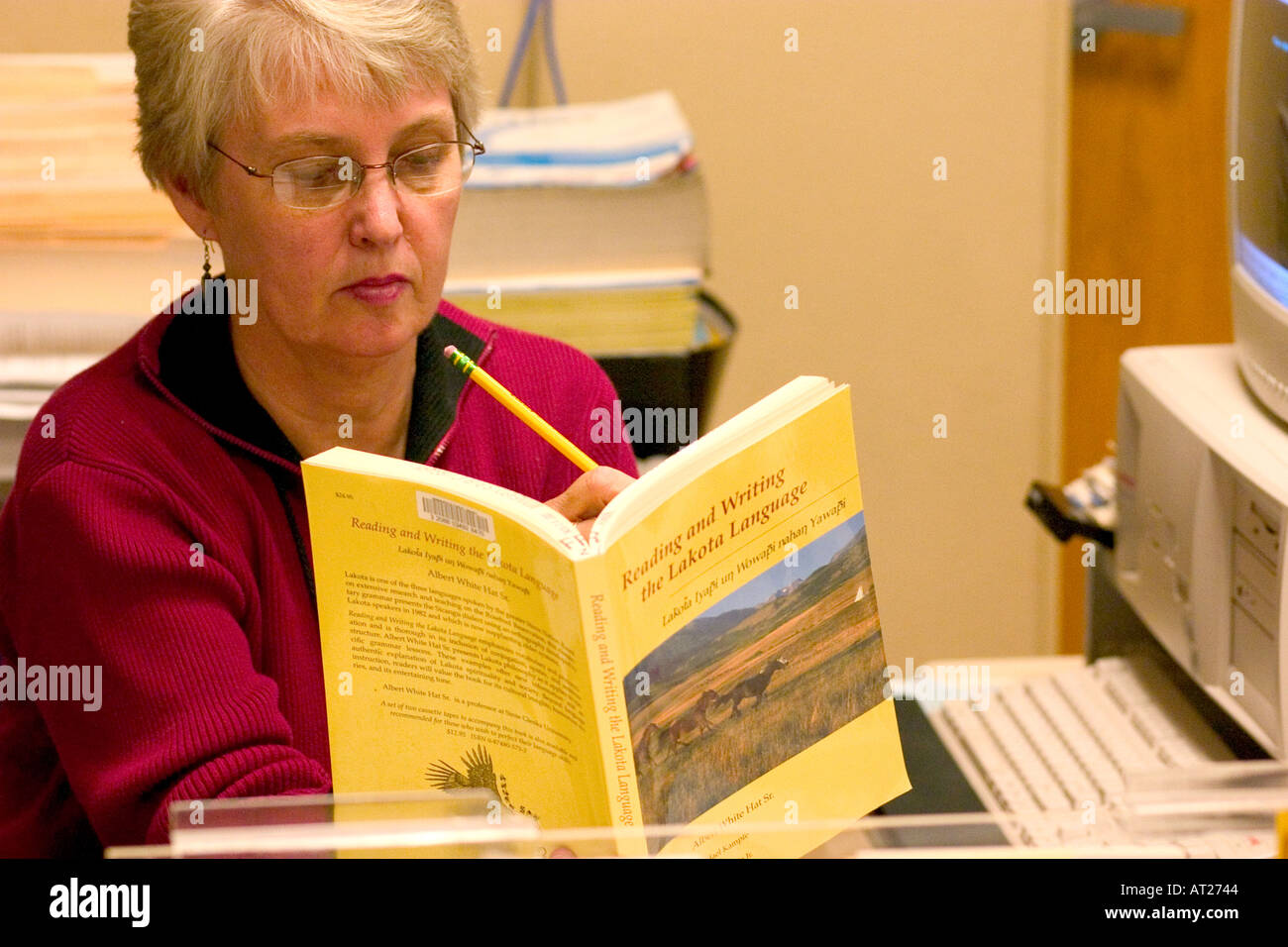 Bibliothekar an der Franklin Public Library einen Verweis in Lakota-Sprache Lehrbuch zu finden. Minneapolis Minnesota MN USA Stockfoto