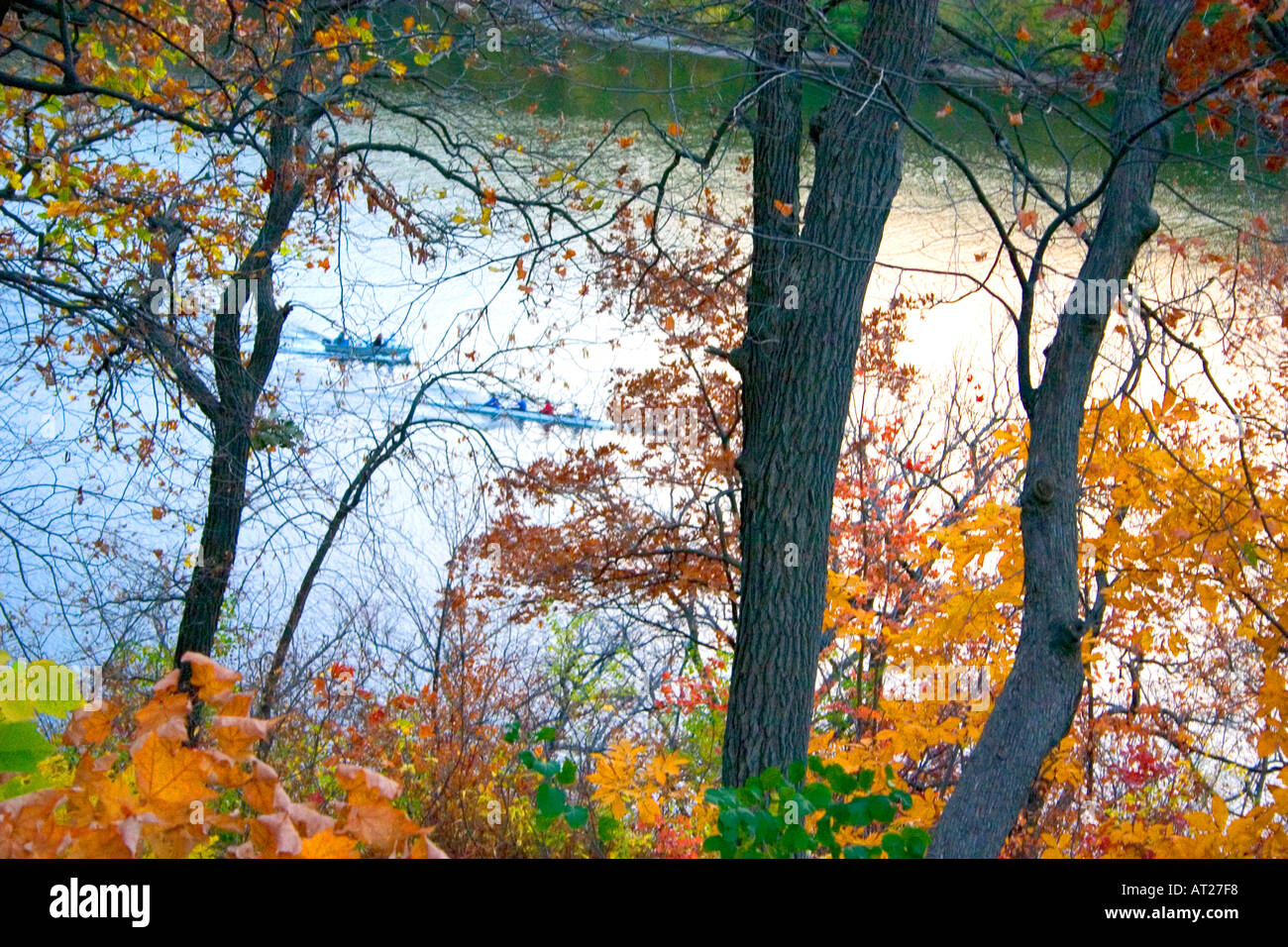 Herbstliche Ansicht des Mississippi mit Renn-Doppelzweier skimming entlang der Oberfläche. St Paul Minnesota MN USA Stockfoto