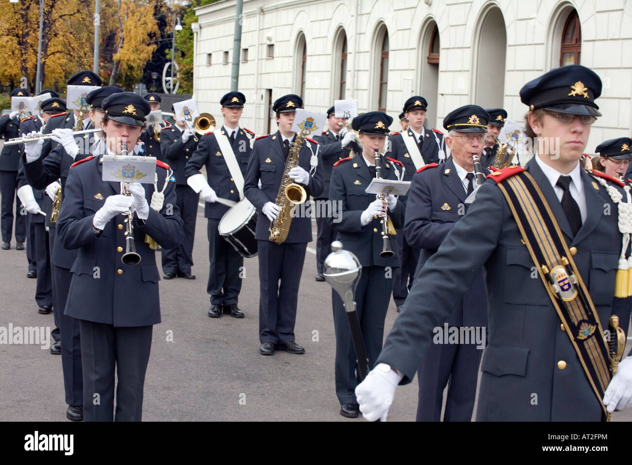 Schwedische militärische Band Street Parade in Göteborg. Home Guard Einheit aus Boras Stadt in West-Schweden Stockfoto