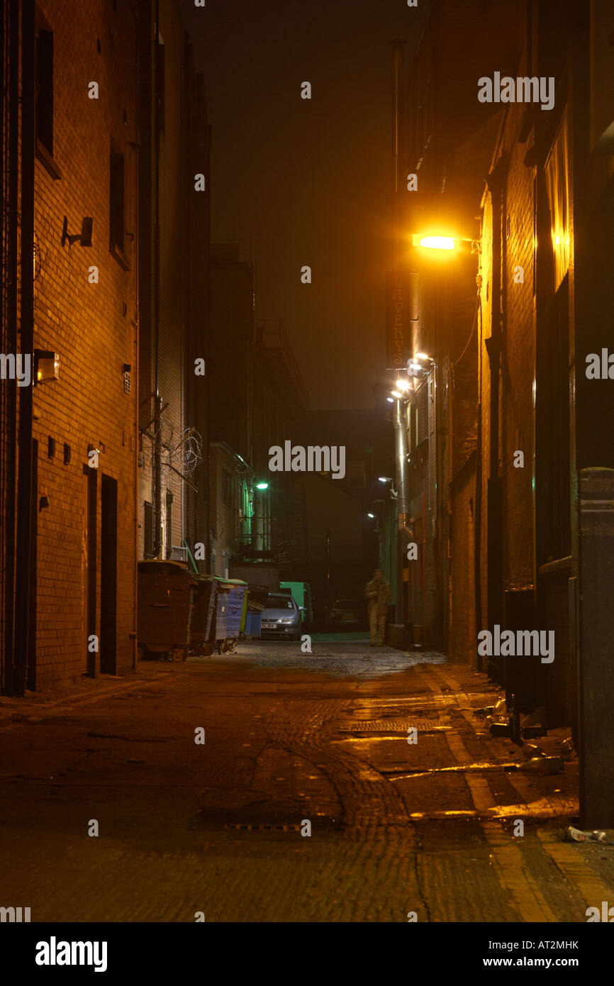 schmale verlassenen Gasse Backstreet leer hinter Geschäfte und Bars im Stadtzentrum von belfast Stockfoto