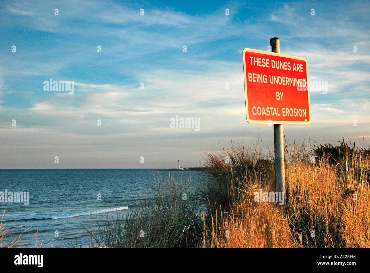 Ein Warnzeichen der Küstenerosion am Strand von Montrose. Stockfoto