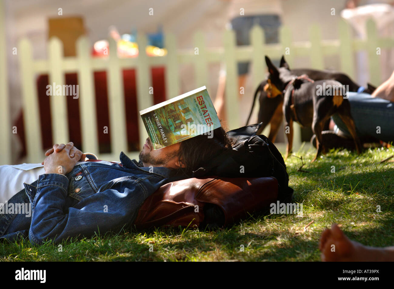 EIN MANN NIMMT SICH EINE AUSZEIT VON DER LEKTÜRE SEINES BUCHES AN DIE UNSCHULDIGEN DORFFEST IM REGENTS PARK LONDON 2007 Stockfoto