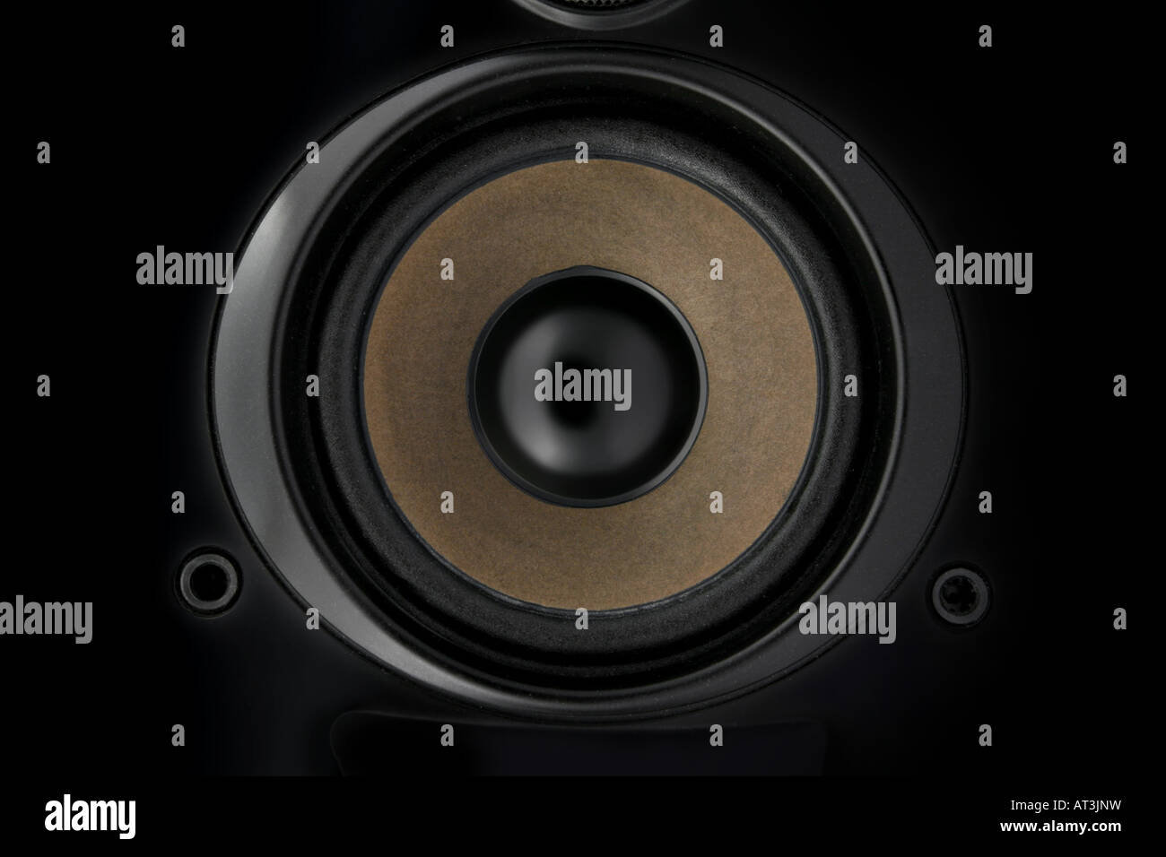 Mid-Range-Lautsprecher, Nahaufnahme, isoliert auf schwarz, low key Stockfoto