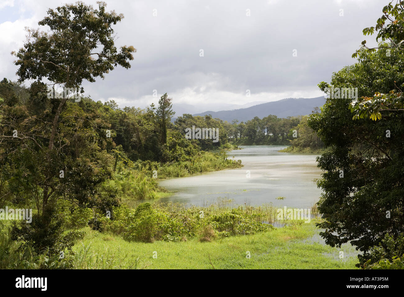 Costa Rica Laguna Arenal von Bäumen gesäumten Ufer mit Blick auf die Cordillera de Tilaran über See Stockfoto