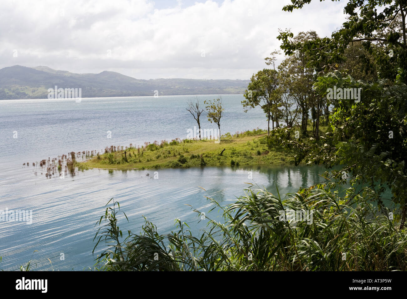 Costa Rica Laguna Arenal von Bäumen gesäumten Ufer mit Blick auf die Cordillera de Tilaran über See Stockfoto