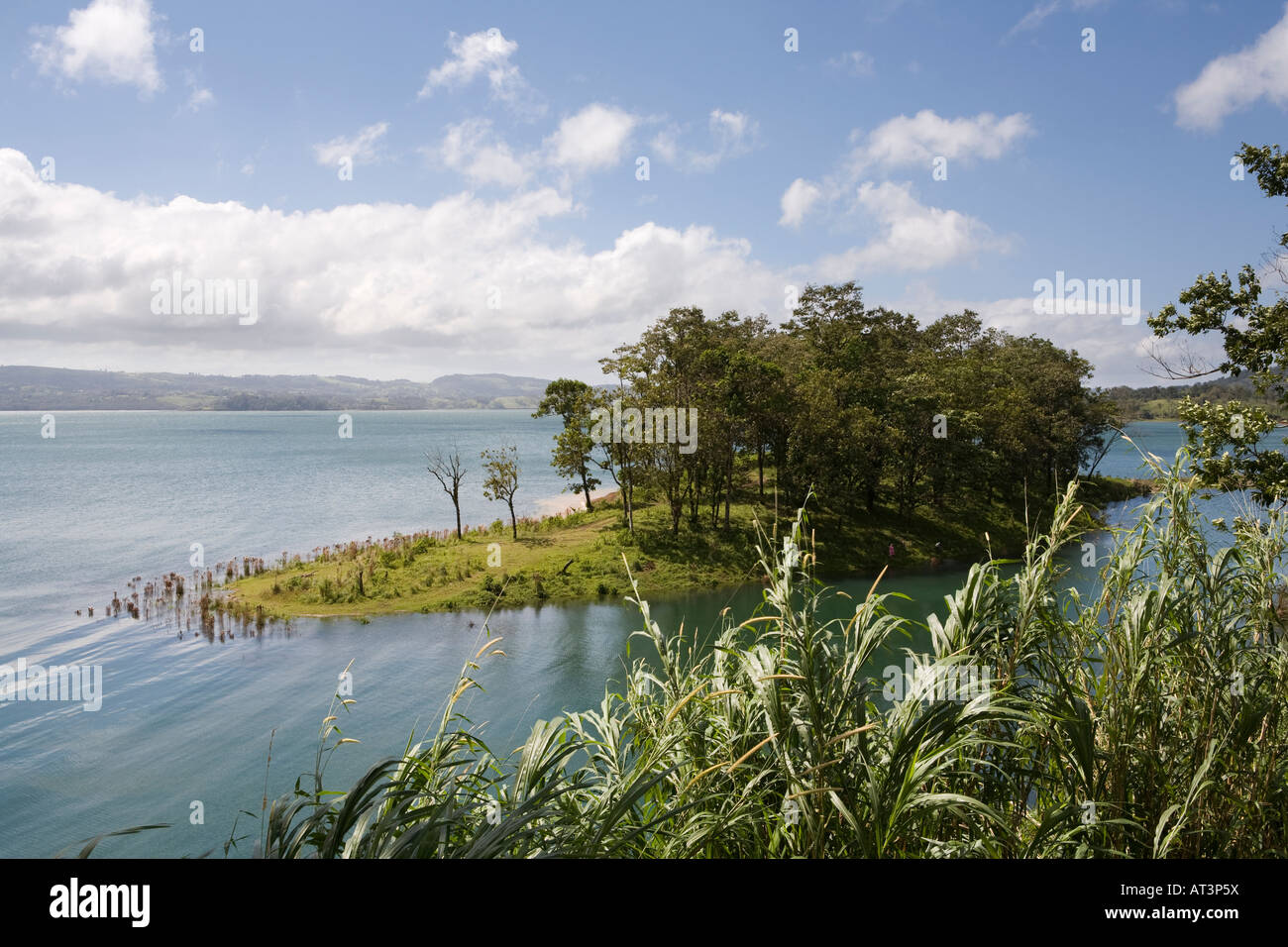 Costa Rica Laguna Arenal von Bäumen gesäumten Ufer mit Blick auf die Cordillera de Tilaran über See Stockfoto