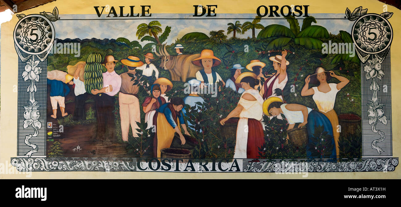 Costa Rica Orosi Kirche Wandbild auf Kirchensaal Wand zeigt Tico-Landwirtschaft und Landleben Stockfoto