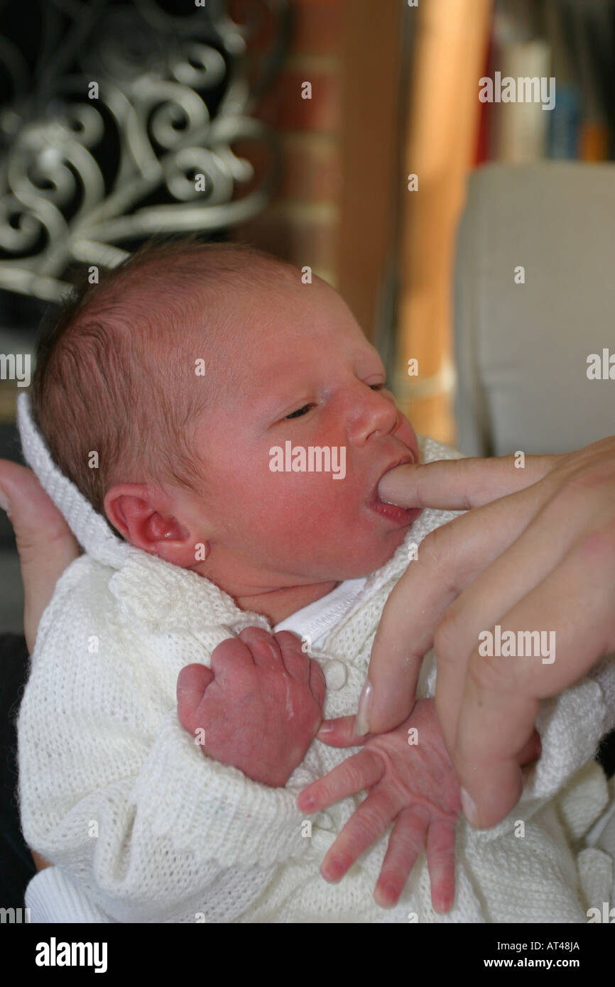 Babymädchen saugen an Mütter-finger Stockfoto