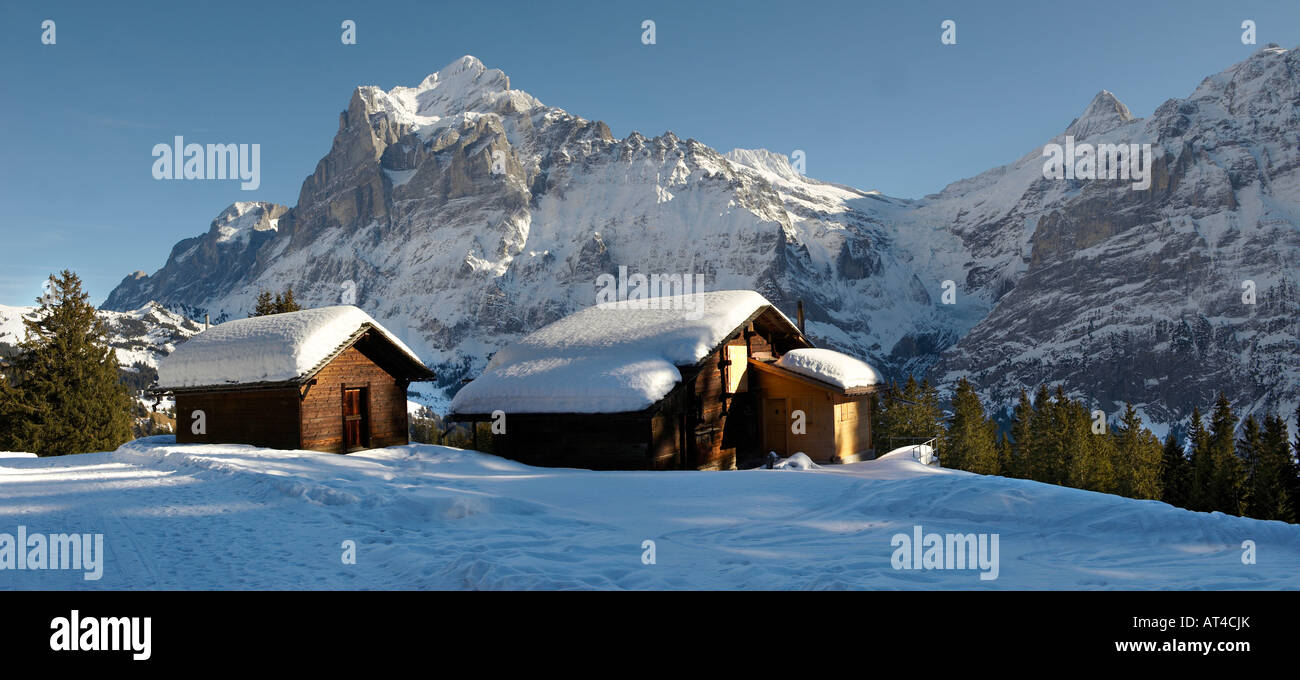 Almen und Hütten bedeckt, im Winter mit dem Wetterhorn Berg hinter in der Nähe von Bort, Grindelwald, Schweiz Stockfoto