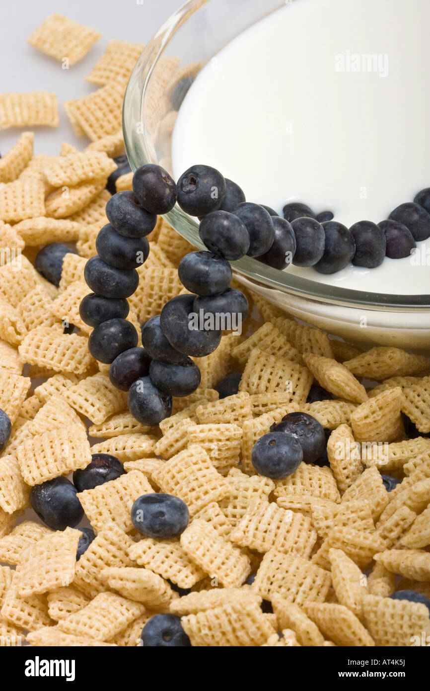 Die Schachtel mit Müsli und Heidelbeeren in einer Glasschale mit einer MilchNahaufnahme von oben Bilder horizontal in den USA hochauflösende Bilder Stockfoto