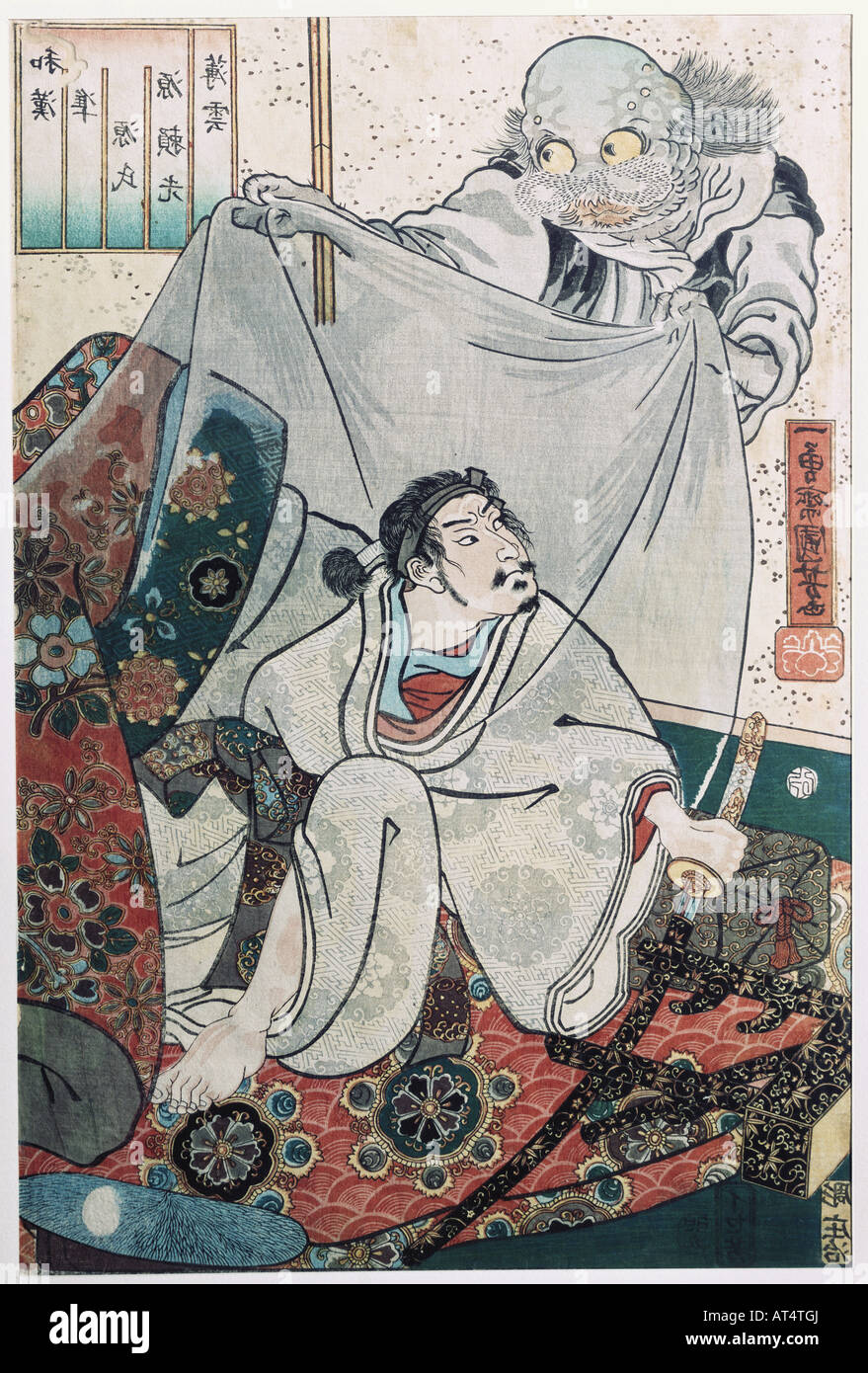 Bildende Kunst, Kuniyoshi, Utagawa, (1798-1861), "inomoto Raiko und die Erde spider', farbige Holzschnitt, Japan, 1855, W. Netto Sammlung, Duesseldorf, Artist's Urheberrecht nicht geklärt zu werden. Stockfoto