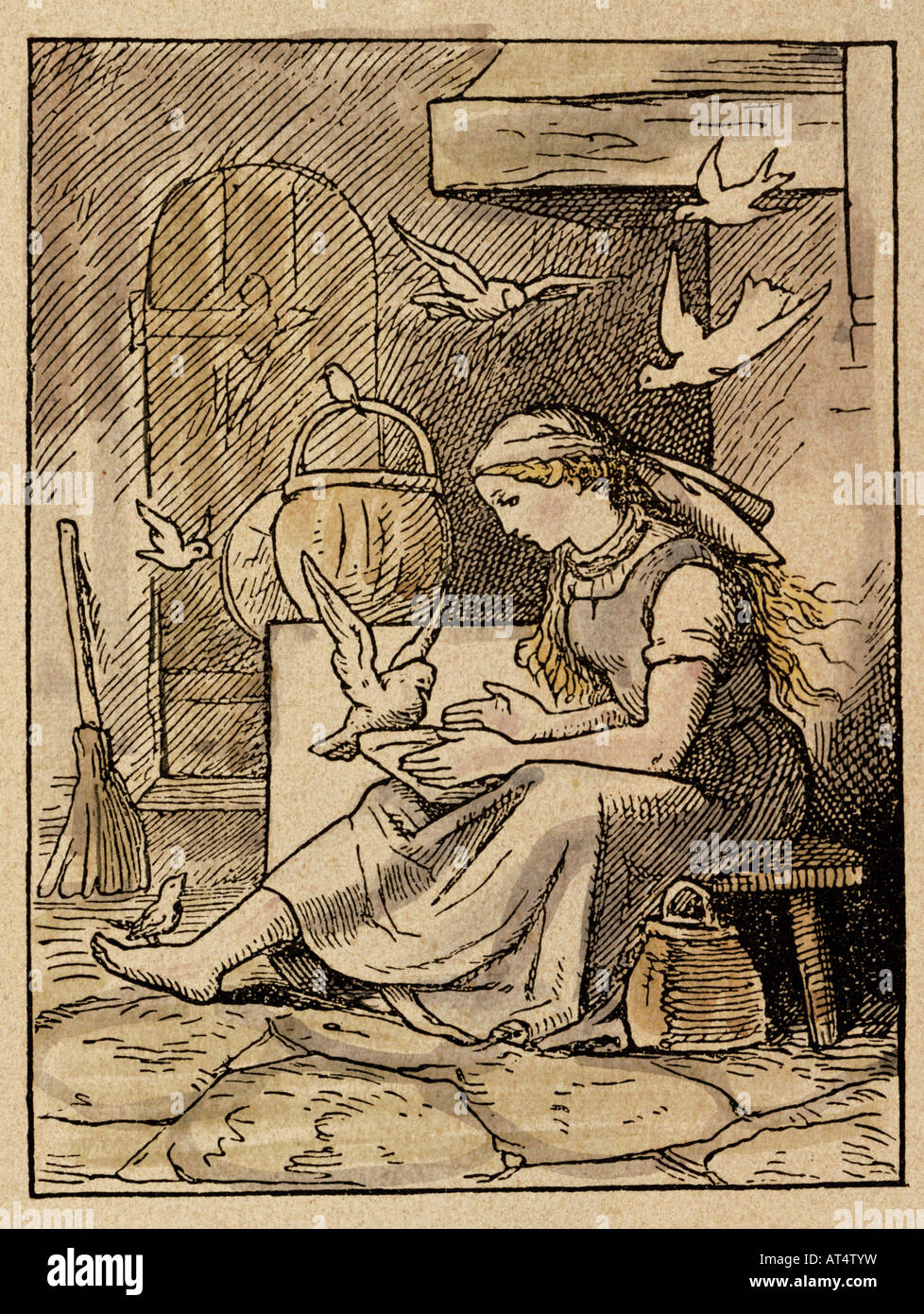 Bildende Kunst, Richter, Ludwig (1803 - 1884), Grafik, 'Die Tauben helfen Aschenbroedel beim Linsen - Auslesen" (Die Tauben helfen dem Aschenputtel Linsen abzuholen), Holzstich, farbig, 7,5 cm x 5,7 cm, aus 'Lichtblick' (Einmal), Dresden, Deutschland, 1862, Privatsammlung, Artist's Urheberrecht nicht gelöscht werden Stockfoto