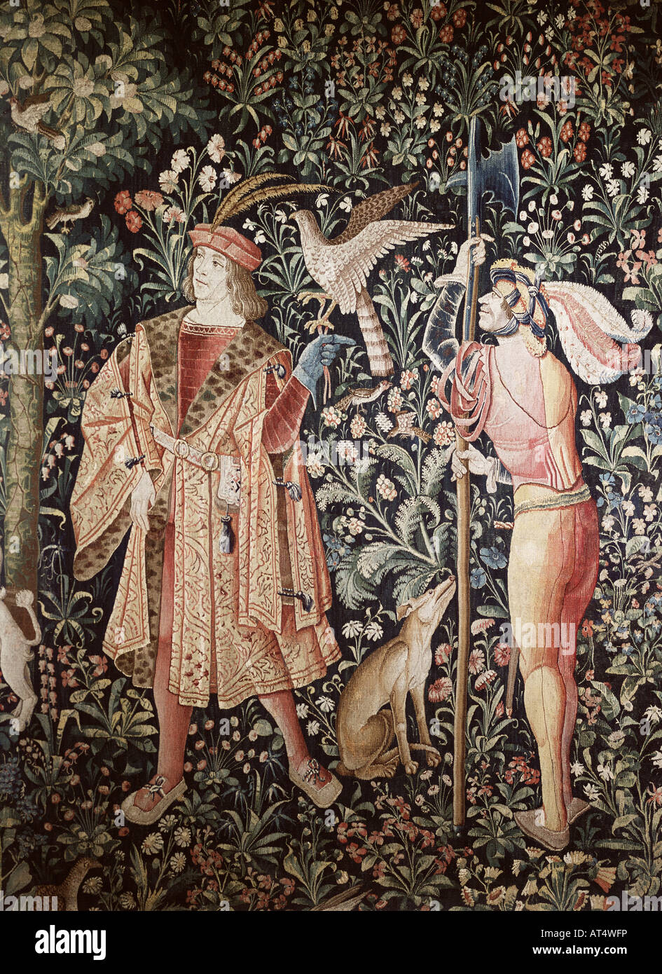 Bildende Kunst, Tapisserie, 'Le Abfahrt pour la Chasse" (Ausgangspunkt für die Jagd), aus der Serie "La vie seigneuriale' (das herrschaftliche Leben), Paris, Frankreich, Ende des 15. Jahrhunderts, Musée de Cluny, Paris, Artist's Urheberrecht nicht geklärt zu werden. Stockfoto