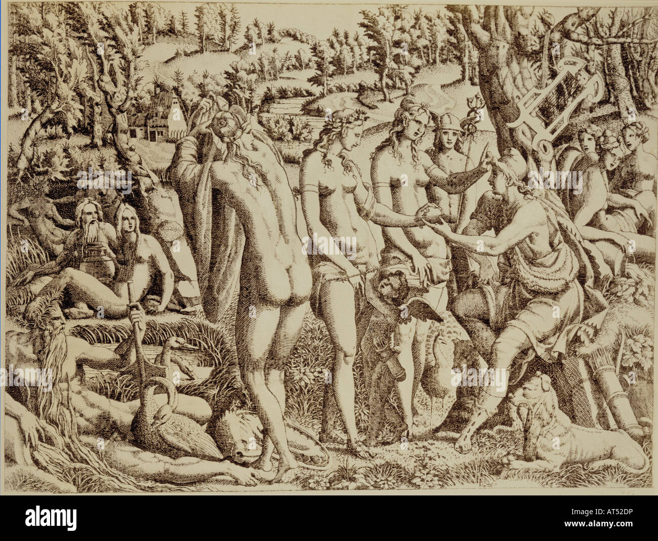 Bildende Kunst, Manierismus, Ätzen, "Das Urteil des Paris", von Jean Mignon (aktive ca. 1542 - 1545 in Fontainebleau, Frankreich), 31,5 cm x 43,2 cm, Privatsammlung, Artist's Urheberrecht nicht gelöscht werden Stockfoto