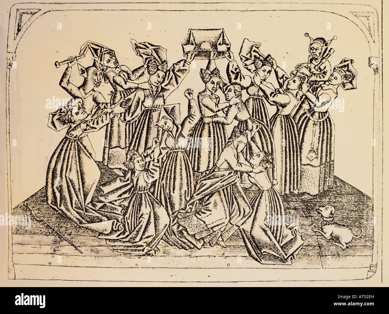 Bildende Kunst, Mittelalter, Mittelalter, Kupferstich, 'Der Kampf um die  Schlauch" (Der Kampf um die Hose), die von der 'Master der Macht der  Frauen" (1440 - 1468), die Untere Deutschland, ca. 1460, Privatsammlung,