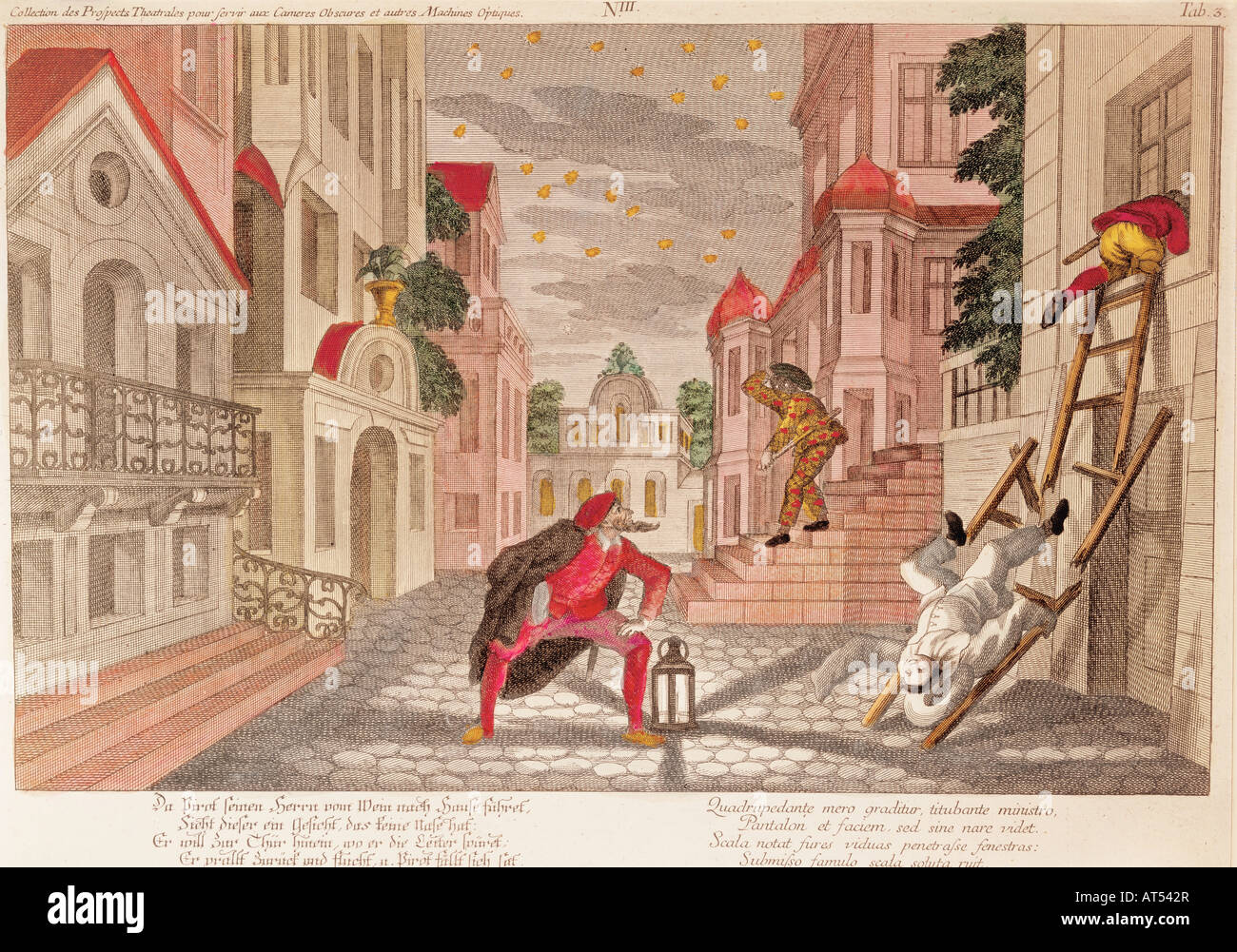 Bildende Kunst, Grafik, Szene aus der Commedia dell'Arte, Kupferstich, farbig, von Philipp Andreas Degmair (1711-1771), 39 cm x 25,5 cm, Artist's Urheberrecht nicht geklärt zu werden. Stockfoto