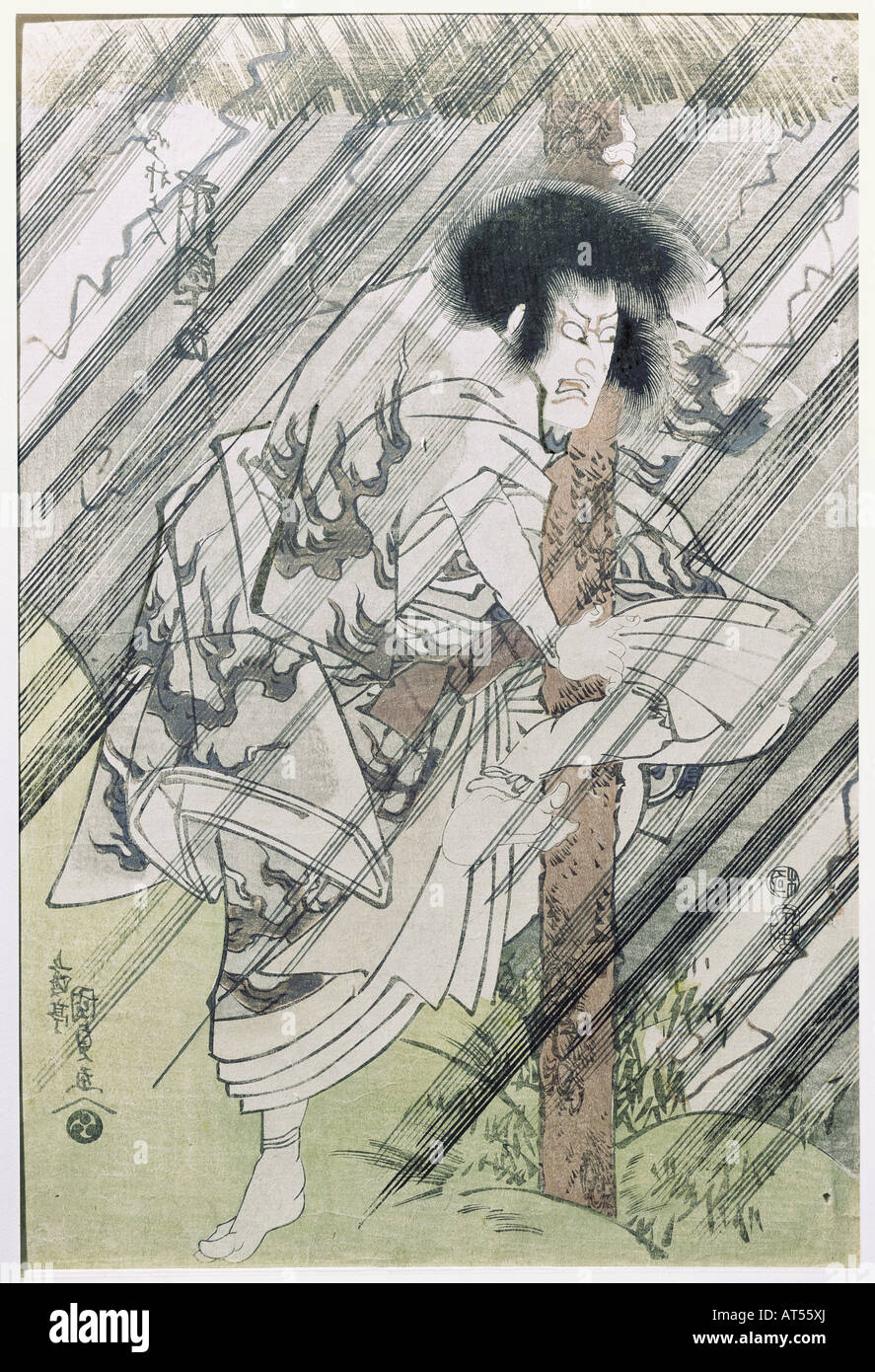 Bildende Kunst, Kunisada, GOTOTEI I, (1785-1865), Tokoyuni III. aus dem Jahre 1844, "Der Schauspieler Idukawa Danjuro VII. als Shirobei in einem Gewitter (Szene aus dem Spiel Edo no hana wakayagi Soga)', farbige Holzschnitt, Japan, ca. 1818, F. Winzinger Sammlung, Regensburg, Artist's Urheberrecht nicht geklärt zu werden. Stockfoto