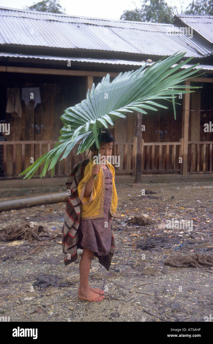 Not macht erfinderisch! Junge in Assam, Indien, Unterstände aus dem Monsun regnet unter einen großen Palmzweig Stockfoto
