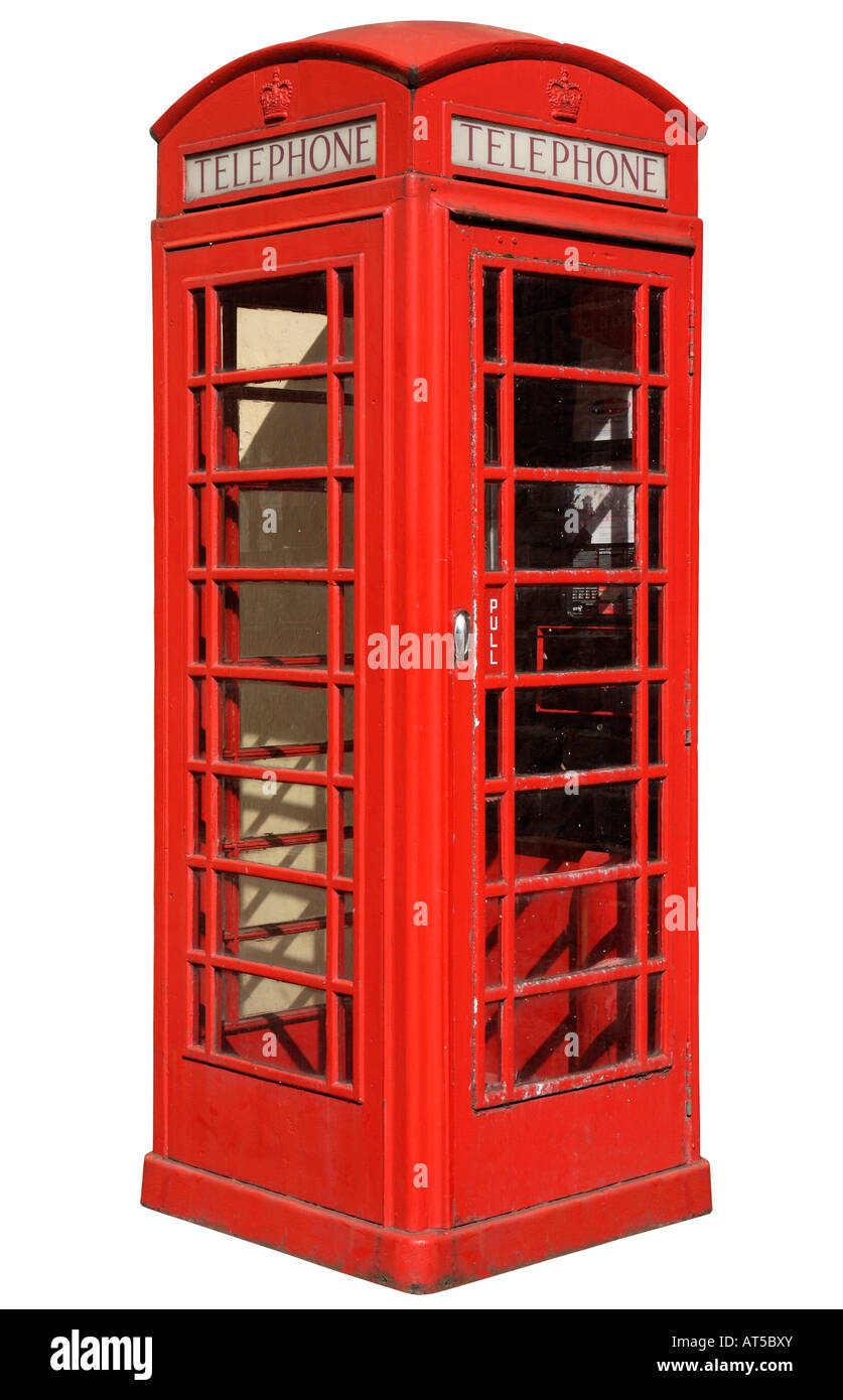 Eine klassische rote britische Telefonzelle, isoliert auf einem weißen Hintergrund. Stockfoto