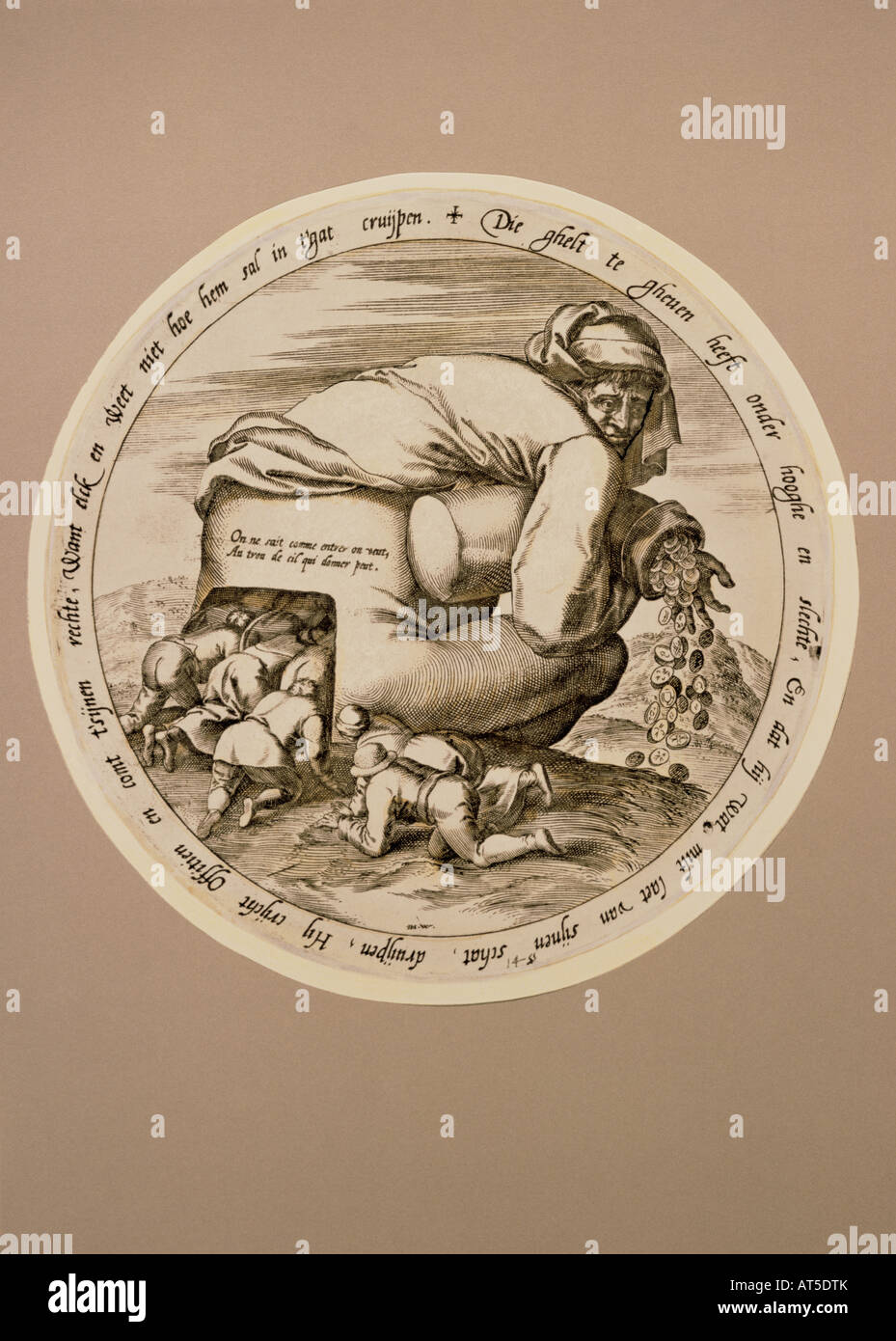 Bildende Kunst, Pieter Bruegel der Ältere (ca. 1525 - 1569), Kupferstich, auf der Grundlage von Brueghel, runde Form, Sprüche, Durchmesser 18 cm, Privatsammlung, Artist's Urheberrecht nicht gelöscht werden Stockfoto