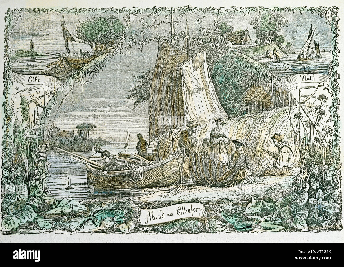 Freizeitaktivitäten, "Abend am Elbufer" (Abend am Ufer der Elbe), Grafik, Illustration, Holzstich, farbig, aus der Zeitschrift "die Gartenlaube" (Laube), Deutschland, 1870 / 1875, Privatsammlung, Artist's Urheberrecht nicht gelöscht werden Stockfoto