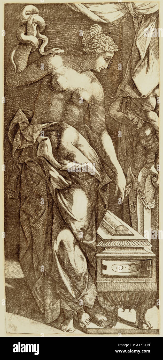 Bildende Kunst, Manierismus, Ätzen, "Der Tod der Kleopatra", von Domenico del Barbiere (aktiv in Fontainebleau, Frankreich, 1539-1565), 26,2 cm x 11,8 cm, Privatsammlung, Artist's Urheberrecht nicht gelöscht werden Stockfoto