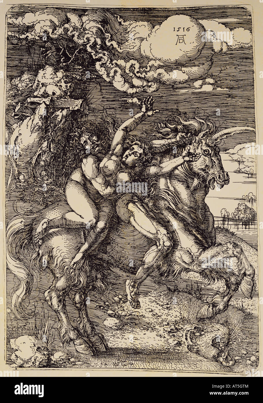 Bildende Kunst, Dürer, Albrecht (1471-1528), Ätzen, 'Die Entführung mit dem Einhorn' (Entführung auf ein Einhorn), 1516, 33,5 cm x 25,4 cm, Privatsammlung, Artist's Urheberrecht nicht gelöscht werden Stockfoto