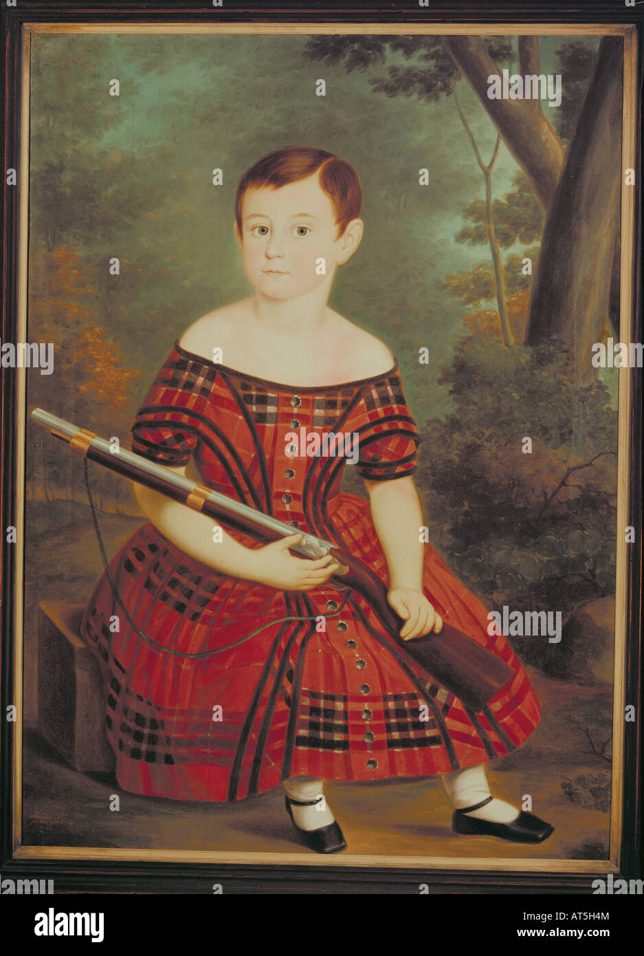 Bildende Kunst, naive Kunst, Malerei, Junge mit Waffe, Gemälde von S. Almeido, 1847, Öl auf Leinwand, Privatsammlung, Artist's Urheberrecht nicht gelöscht werden Stockfoto