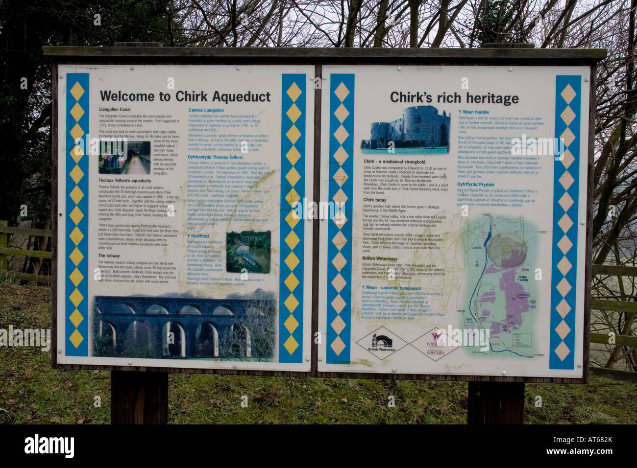 Informationstafel über Chirk Aquädukt, Viadukt und Burg Stockfoto