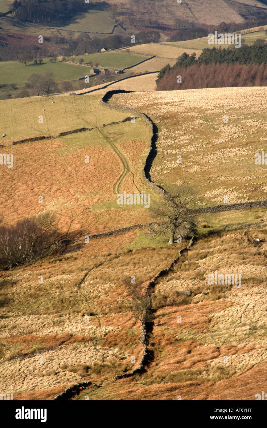 Felder und trockenen Stein Wand im Peak District von Derwent Reservior England Feburar 2008 Stockfoto