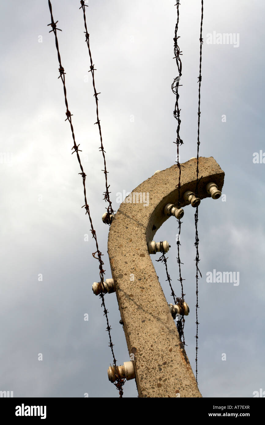 Europa Polen staatliches Museum Auschwitz Birkenau elektrifiziert Stacheldraht und konkreten Beitrag Zaun ehemaliger deutscher Nazi Konzentration Stockfoto