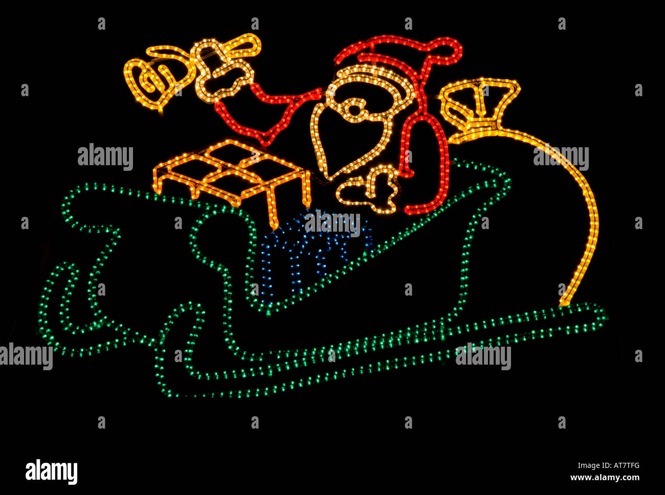 Beleuchtete Weihnachtsmann Schlitten Stockfoto