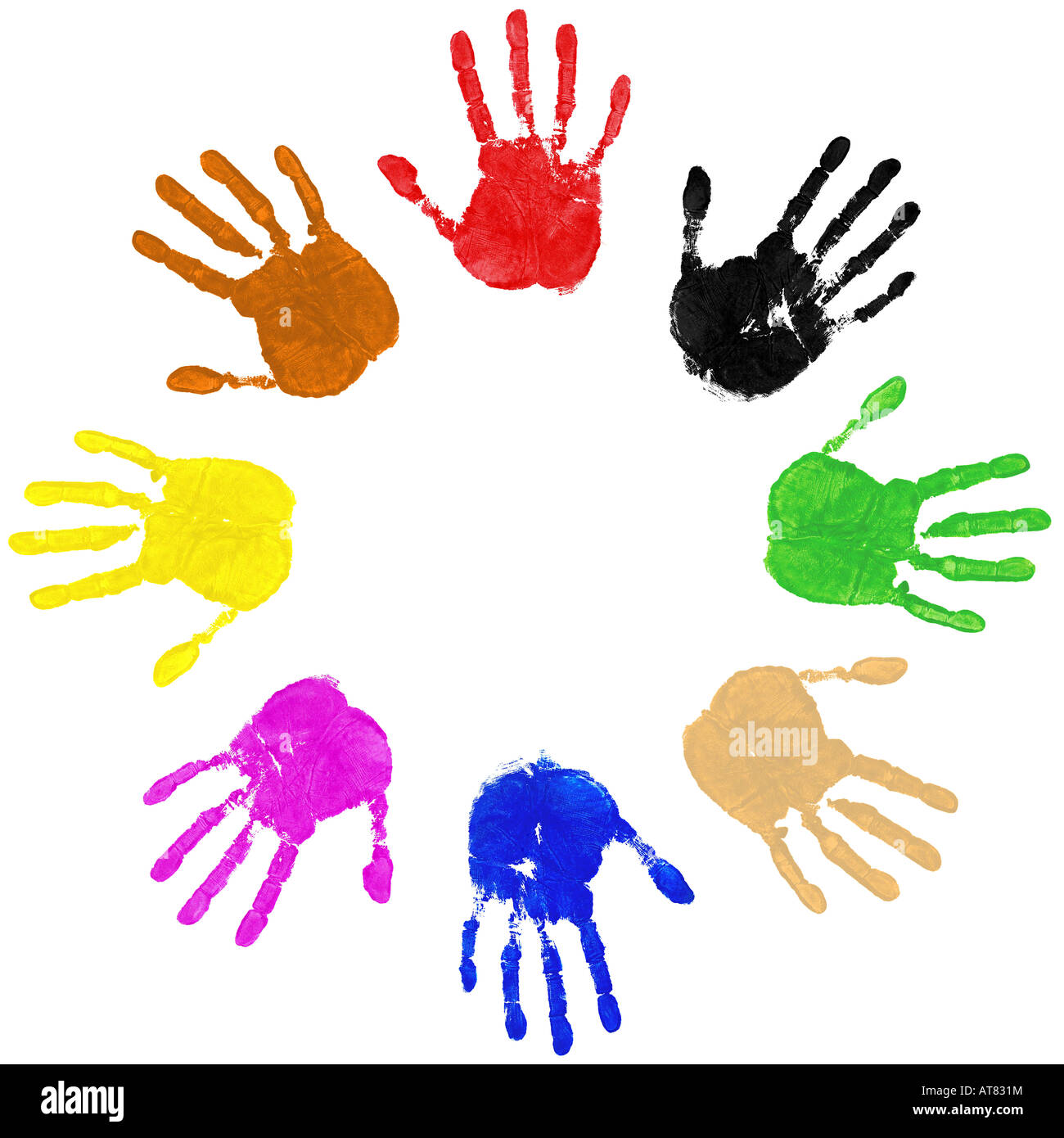 Multi farbig bemalten Handabdrücke, angeordnet in einem Kreis auf weißem Hintergrund Stockfoto