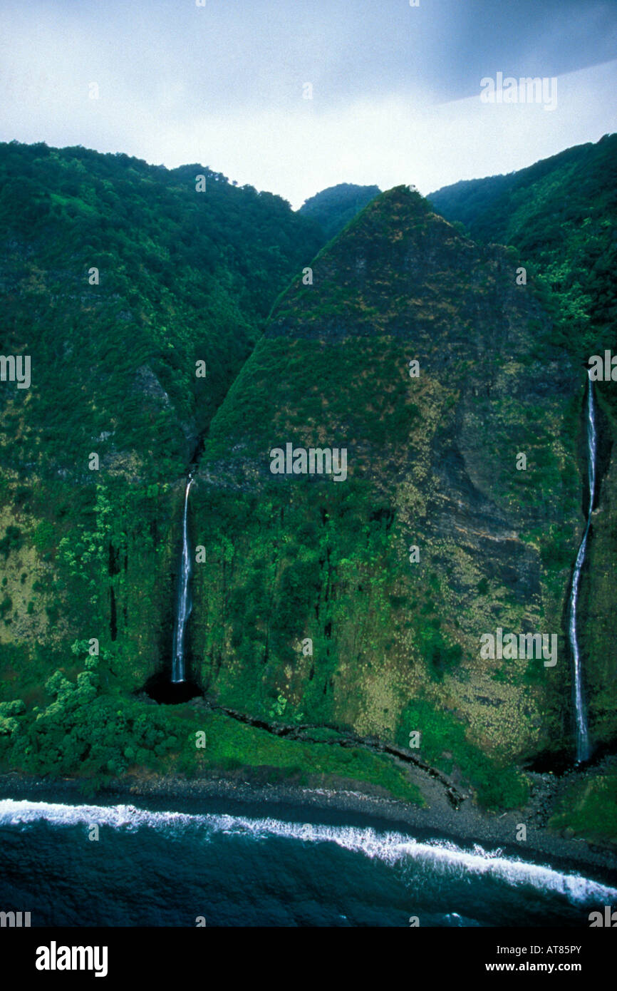 Zwei Wasserfälle durchschneiden die üppigen grünen Berge an der North Kohala Küste von Big Island von Hawaii. Stockfoto
